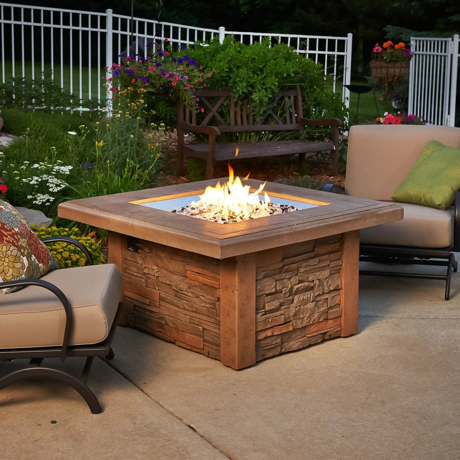 Photo of a beautiful firepit table with flames