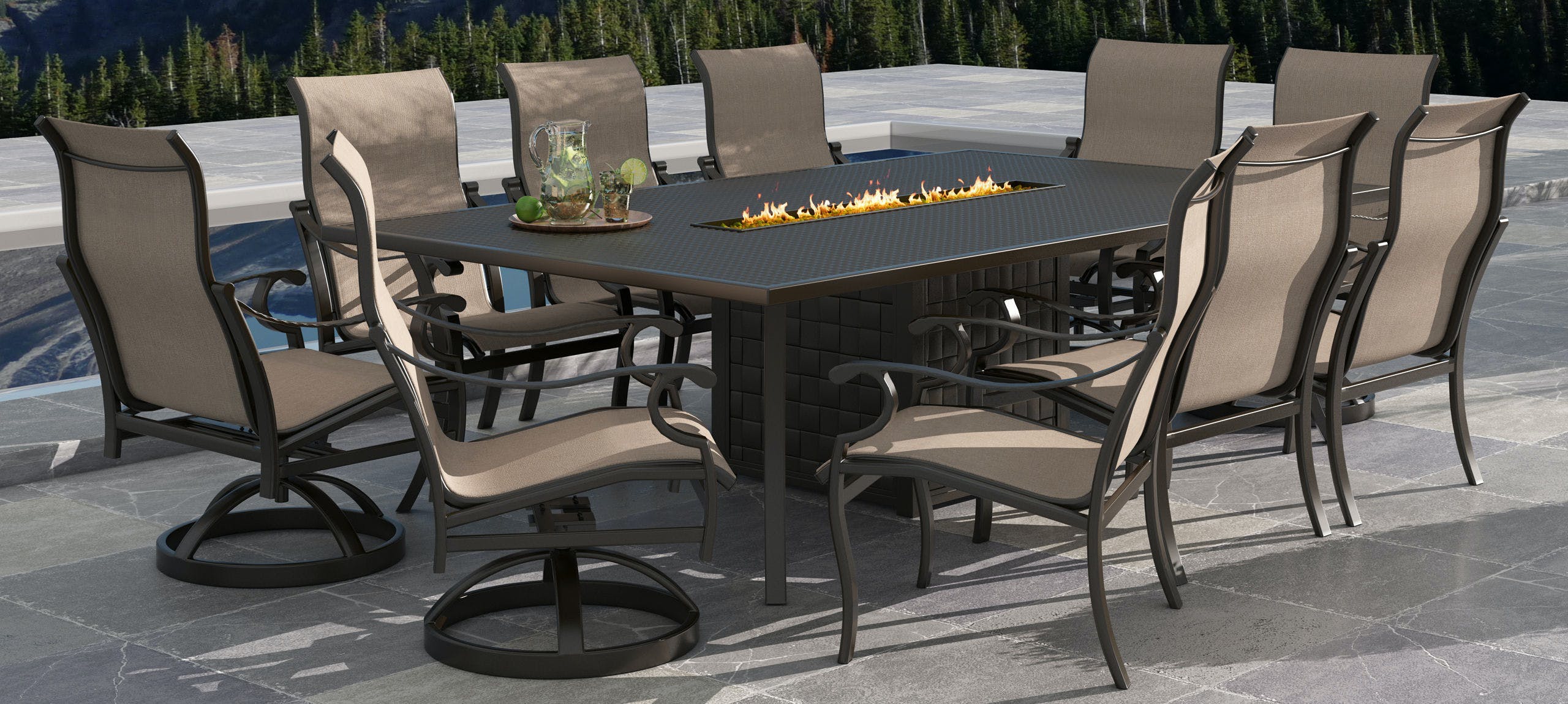 Monterey Sling Outdoor Dining Set for 10 with Firepit Table By Castelle