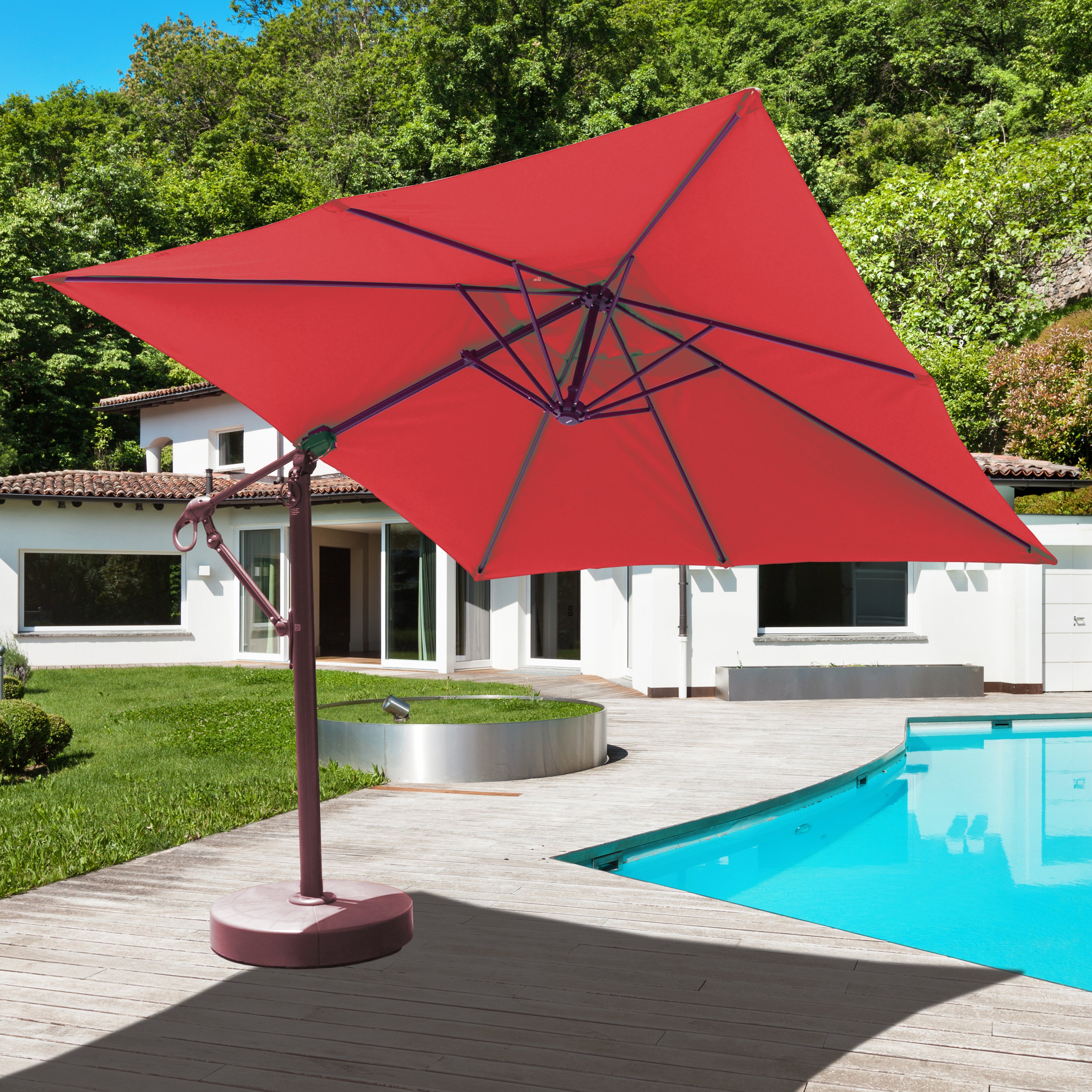 10 foot square cantilever patio umbrella Mojia 10x10 FT with Solar LED Lights and Cross Base, 360 Rotation Large Heavy Duty Offset Outdoor Umbrella with Easy Tilt for Pool Backyard Deck Garden Pole material Santorini II Fiesta 10-ft Square
