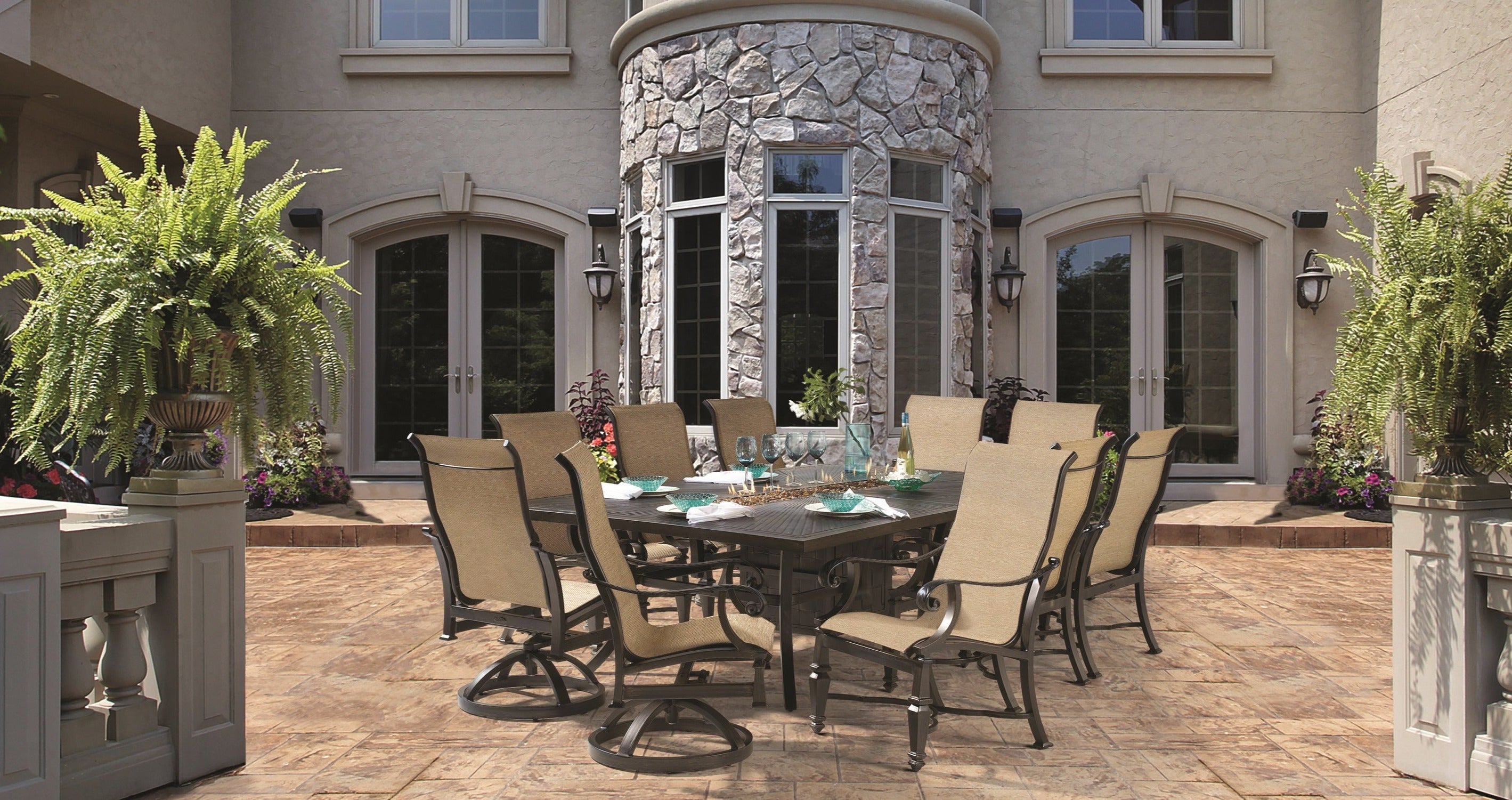 Bellagio Sling Outdoor Dining Set for 10 with Fire Table By Castelle