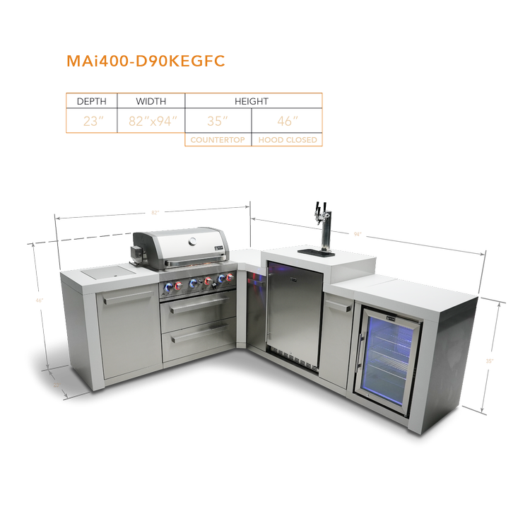 Mont Alpi Deluxe Series 4 Burner Deluxe Island with a 90-Degree Corner, Kegerator and Fridge Cabinet MAi400-D90KEGFC by Mont Alpi