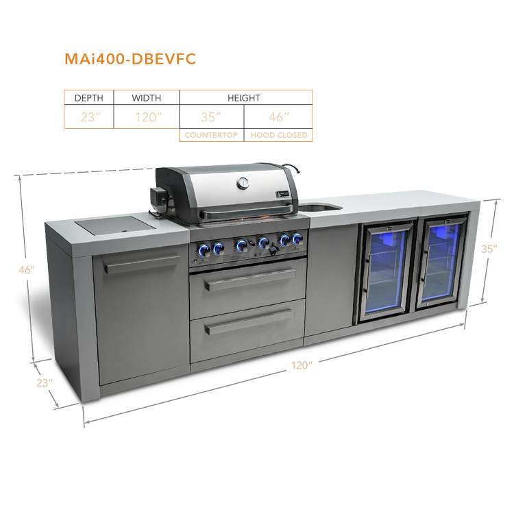 Mont Alpi Deluxe Series 4 Burner Deluxe Island with a Beverage Center and Fridge Cabinet MAi400-DBEVFC by Mont Alpi