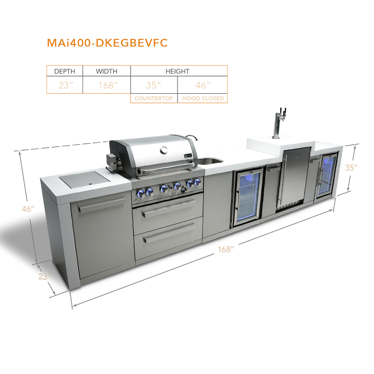 Mont Alpi Deluxe Series 4 Burner Deluxe Island with a Kegerator, Beverage Center and Fridge Cabinet MAi400-DKEGBEVFC by Mont Alpi