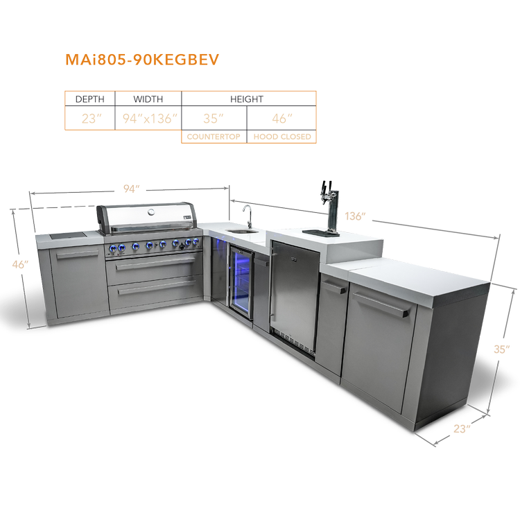 Mont Alpi Original Series 6-Burner Island with a 90-Degree Corner, Kegerator and Beverage Center MAi805-90KEGBEV by Mont Alpi