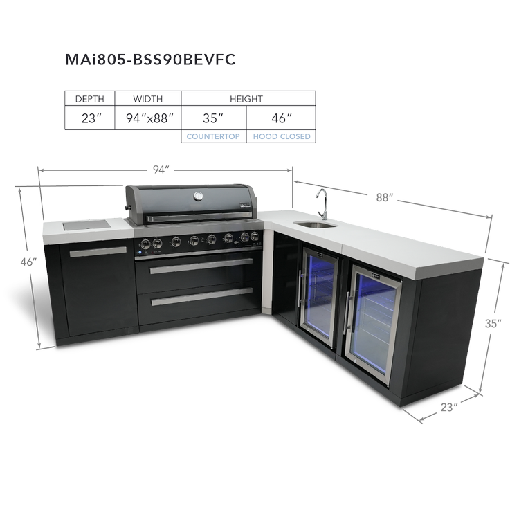 Mont Alpi Black Series 805 Black Stainless Steel Island With A 90-Degree Corner, Beverage Center and Fridge Cabinet MAi805-BSS90BEVFC by Mont Alpi