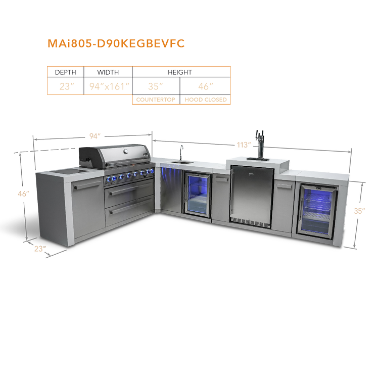 Mont Alpi Deluxe Series 6 Burner Deluxe Island with a 90-Degree Corner, Kegerator, Beverage Center and Fridge Cabinet MAi805-D90KEGBEVFC by Mont Alpi