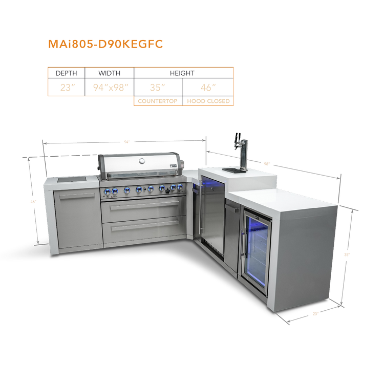 Mont Alpi Deluxe Series 6 Burner Deluxe Island with a 90-Degree Corner, Kegerator and Fridge Cabinet MAi805-D90KEGFC by Mont Alpi