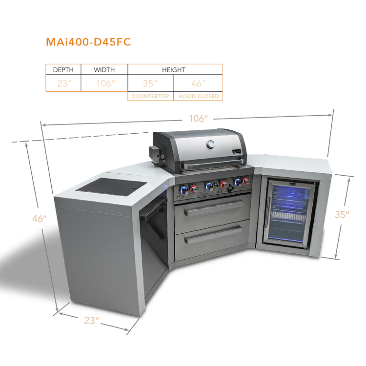 Mont Alpi Deluxe Series 4 Burner Deluxe Island with 45-Degree Corners and a Fridge Cabinet MAi400-D45FC by Mont Alpi