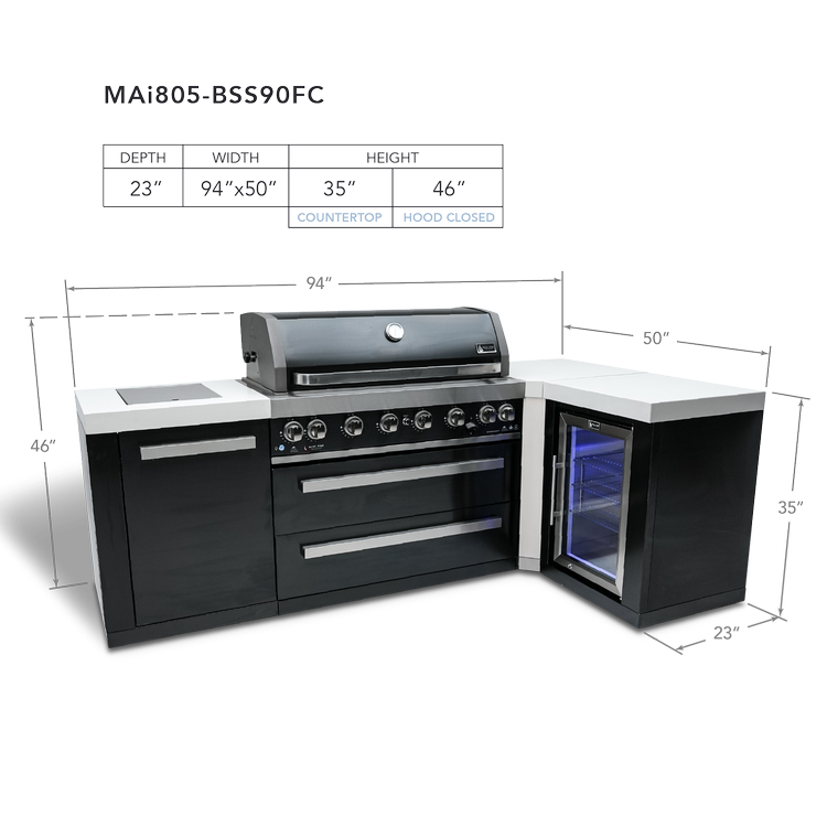 Mont Alpi Black Series 805 Black Stainless Steel Island With A 90-Degree Corner And A Fridge Cabinet MAi805-BSS90FC by Mont Alpi
