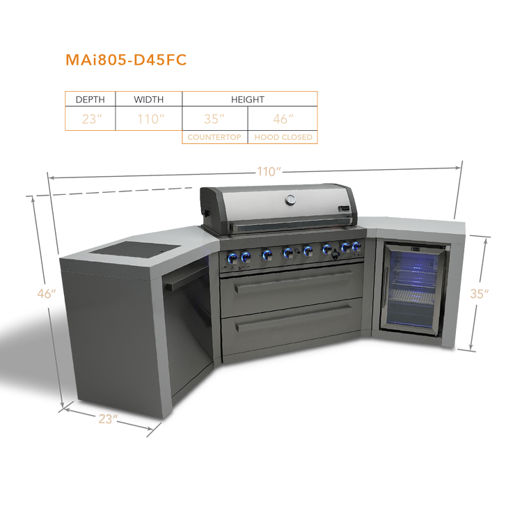Mont Alpi Deluxe Series 6 Burner Deluxe Island with 45-Degree Corners and a Fridge Cabinet MAi805-D45FC by Mont Alpi