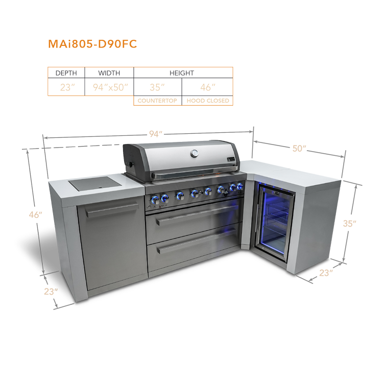 Mont Alpi Deluxe Series 6 Burner Deluxe Island with a 90-Degree Corner and a Fridge Cabinet MAi805-D90FC by Mont Alpi