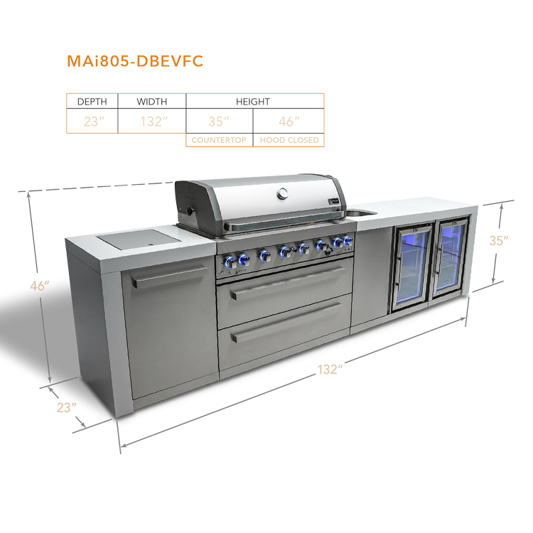 Mont Alpi Deluxe Series 6 Burner Deluxe Island with a Beverage Center and Fridge Cabinet MAi805-DBEVFC by Mont Alpi
