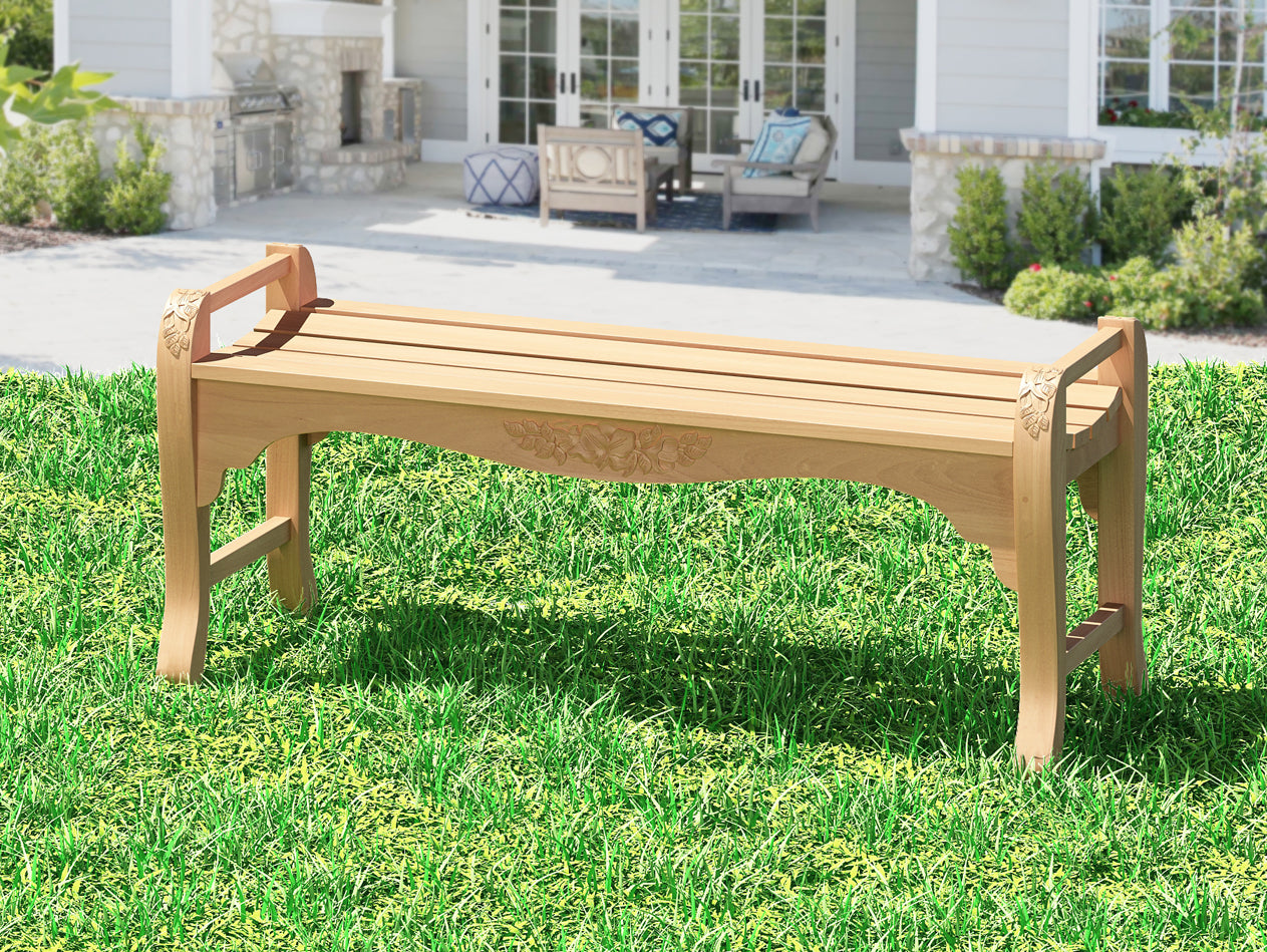 Teak Backless Rose Carved 4' Bench