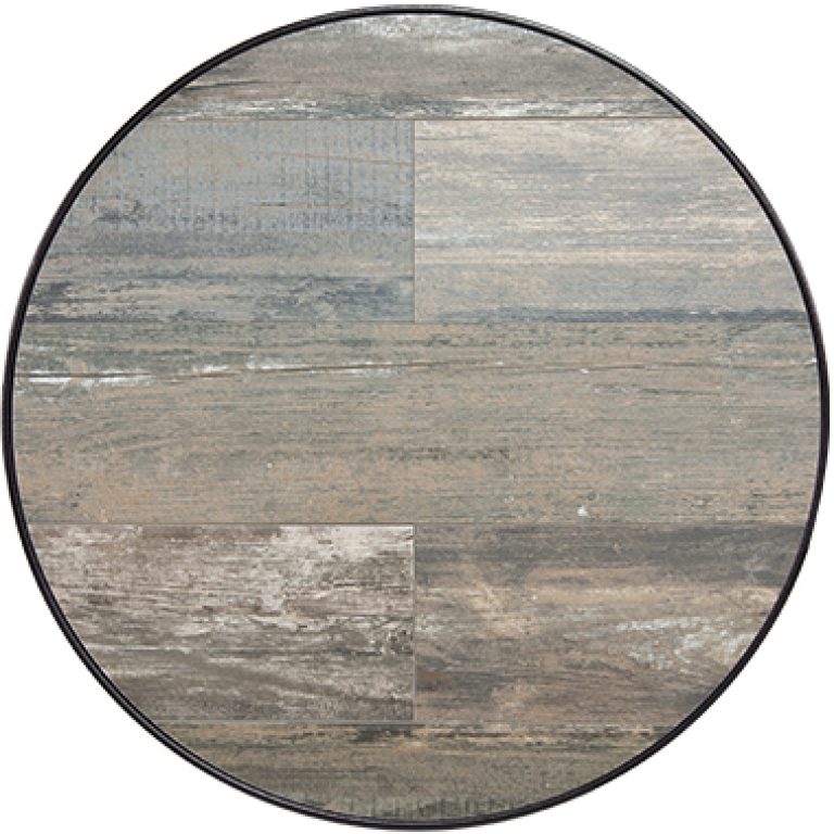 24" Rd. Reclaimed Table Top with Aluminum Rim by O.W. Lee.