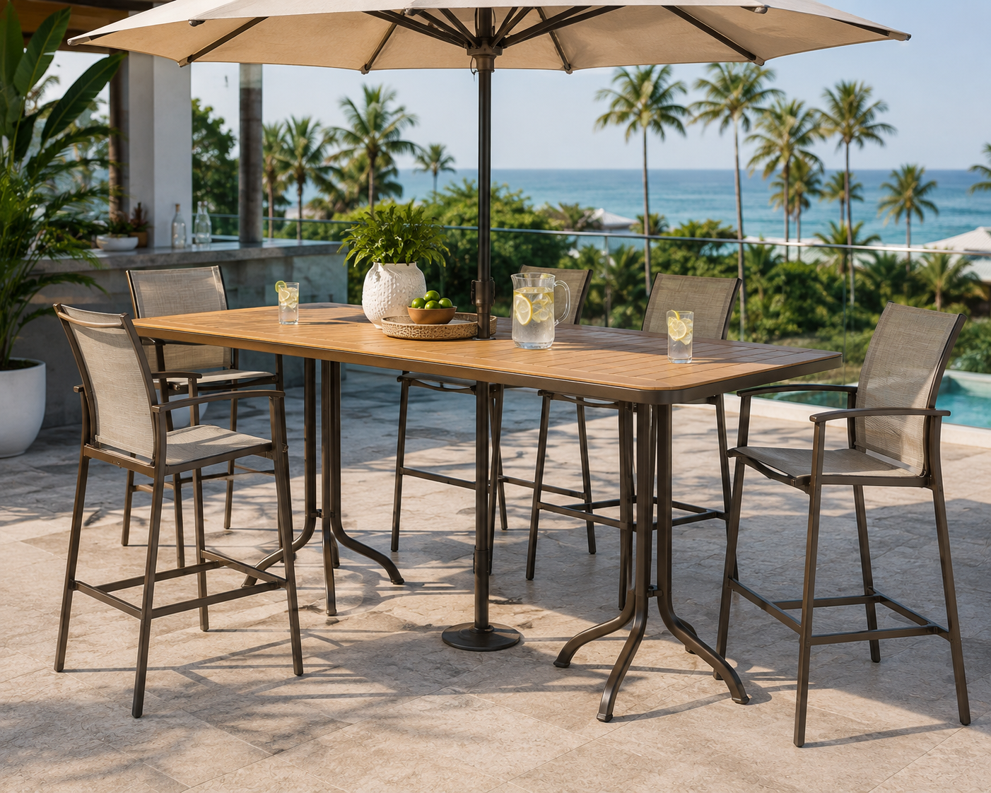 Horizons Forma Table KD Pedestal Bar Umbrella Table 72" x 36" Rectangular by Tropitone