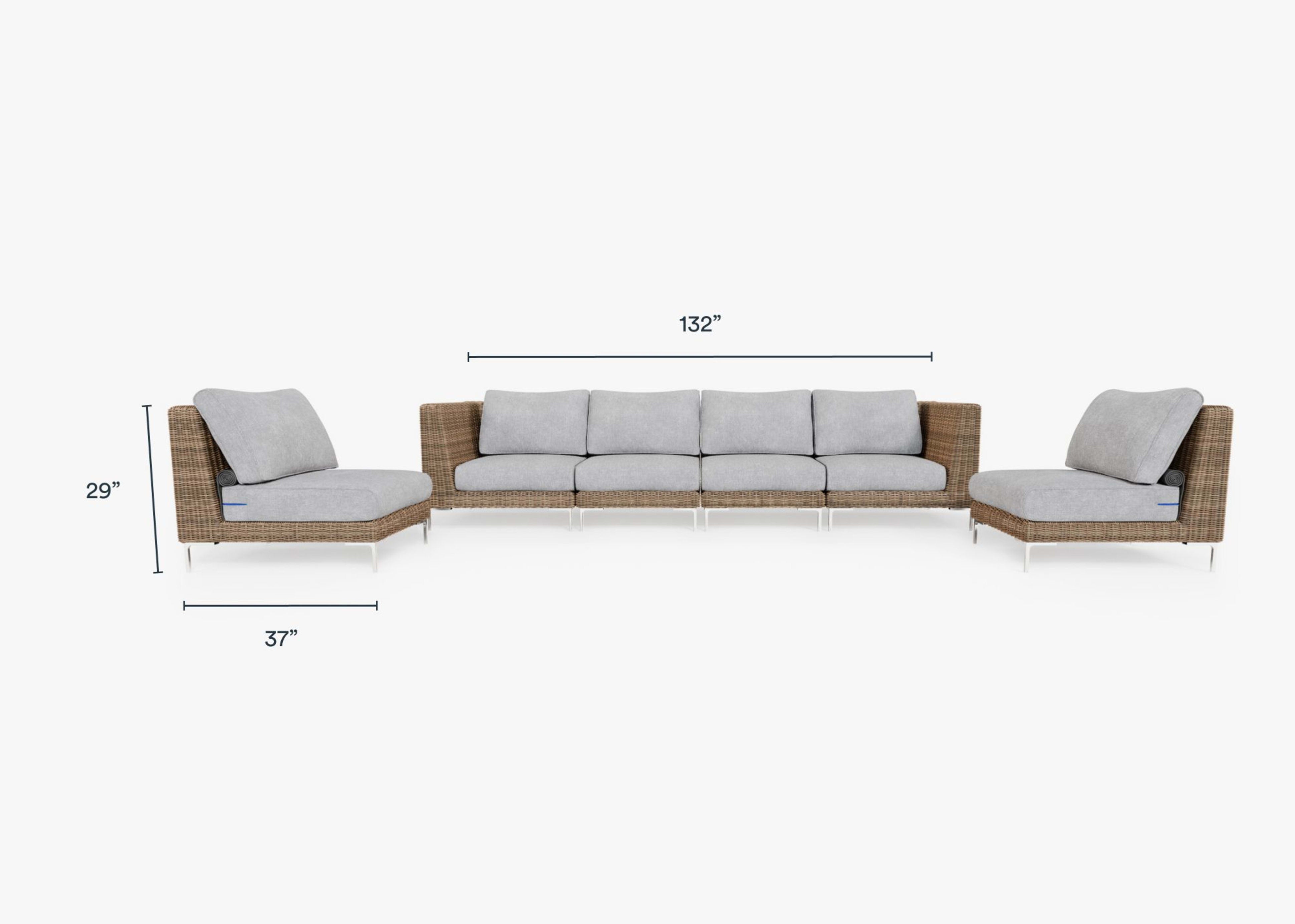 Brown Wicker Outdoor Sofa with Armless Chairs - 6 Seat dimensions
