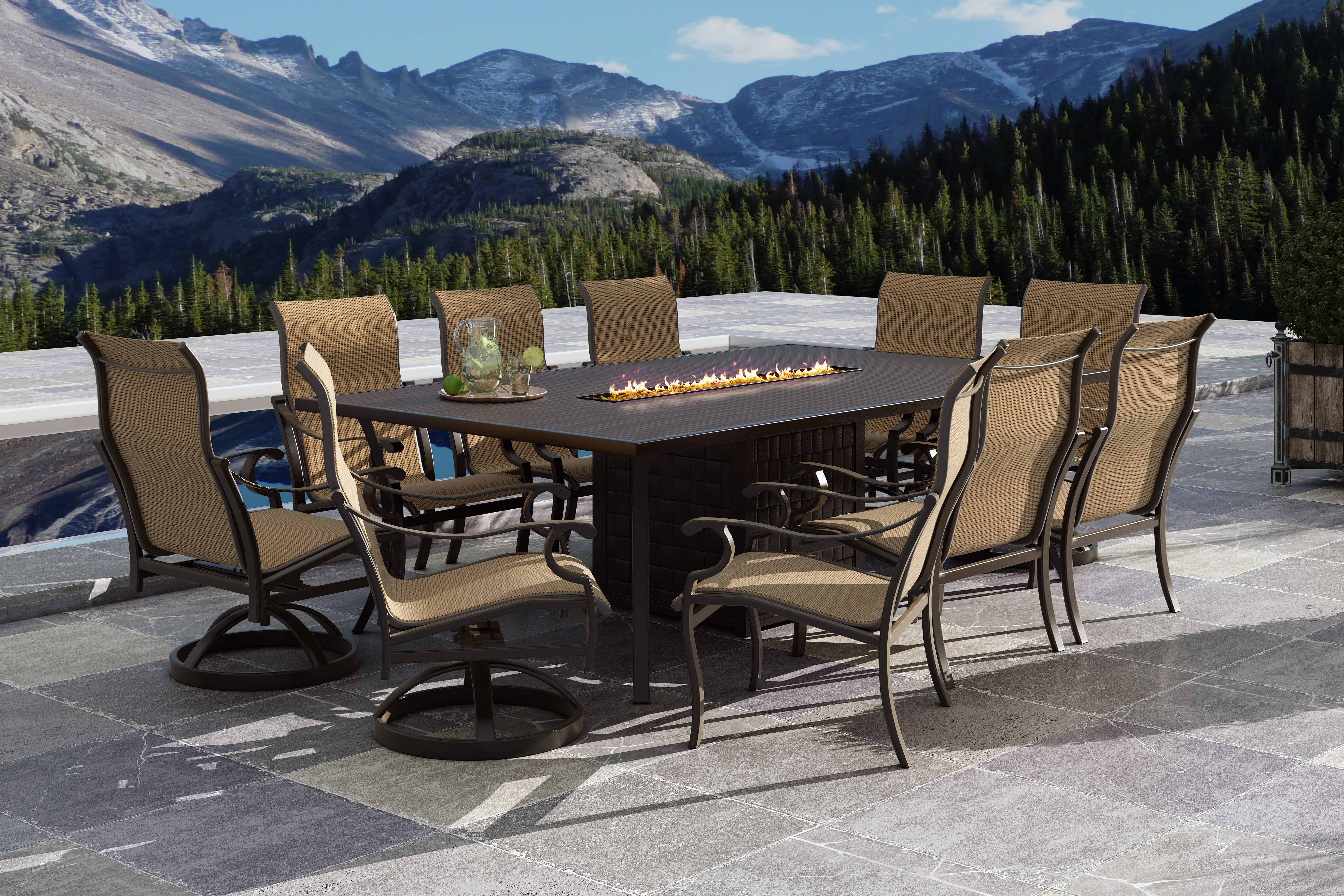 Monterey Sling Outdoor Dining Set for 10 with Firepit Table By Castelle