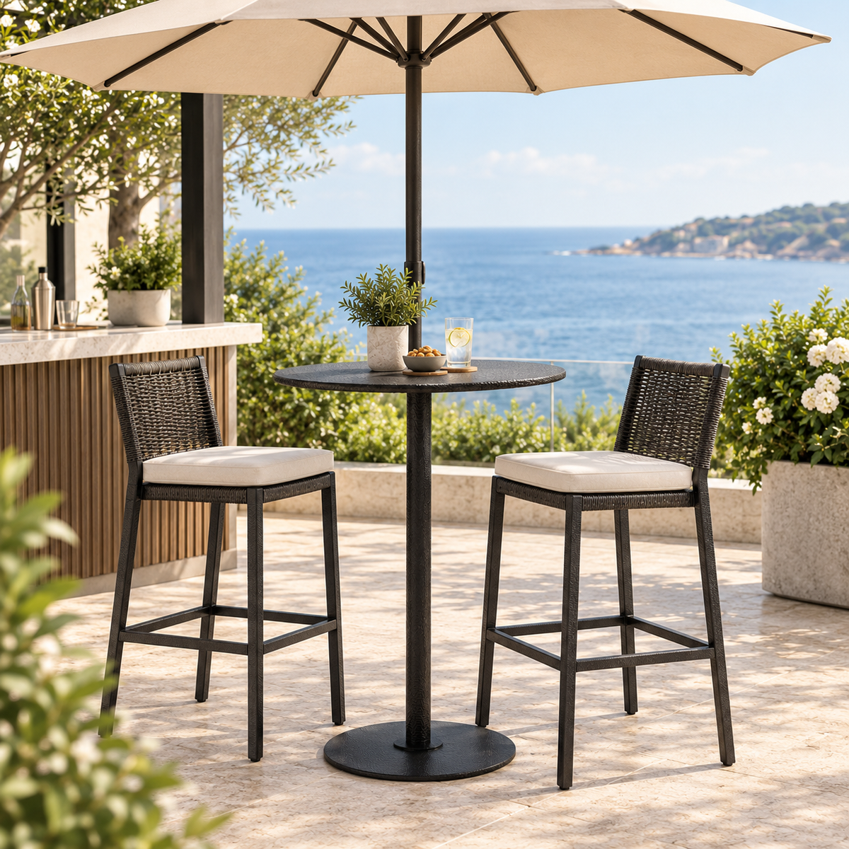 Axis 42" Round Solid Top KD Pedestal Bar Umbrella Table by Tropitone