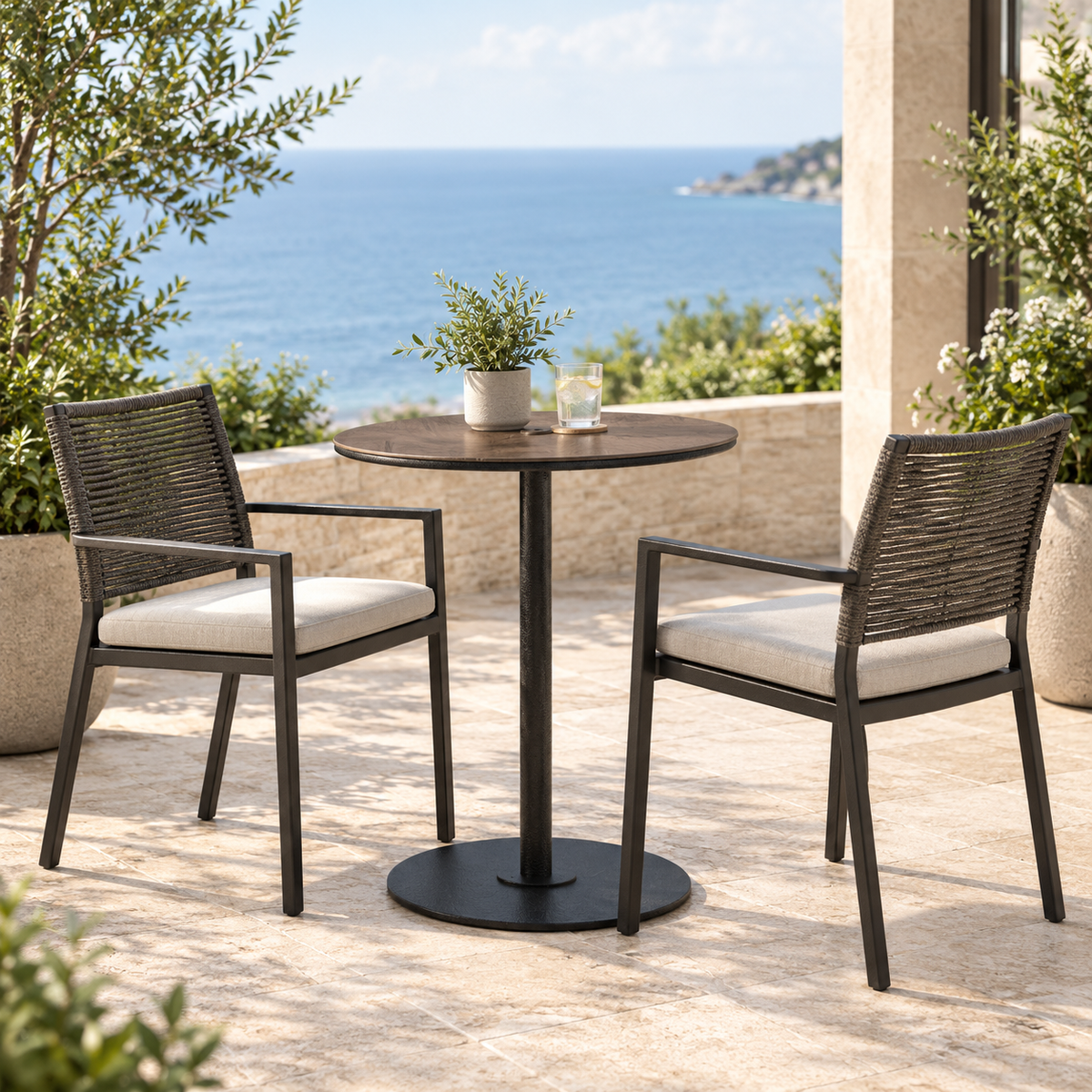 Axis 30" Round Raya Woodgrain Top KD Pedestal Bar Umbrella Table by Tropitone