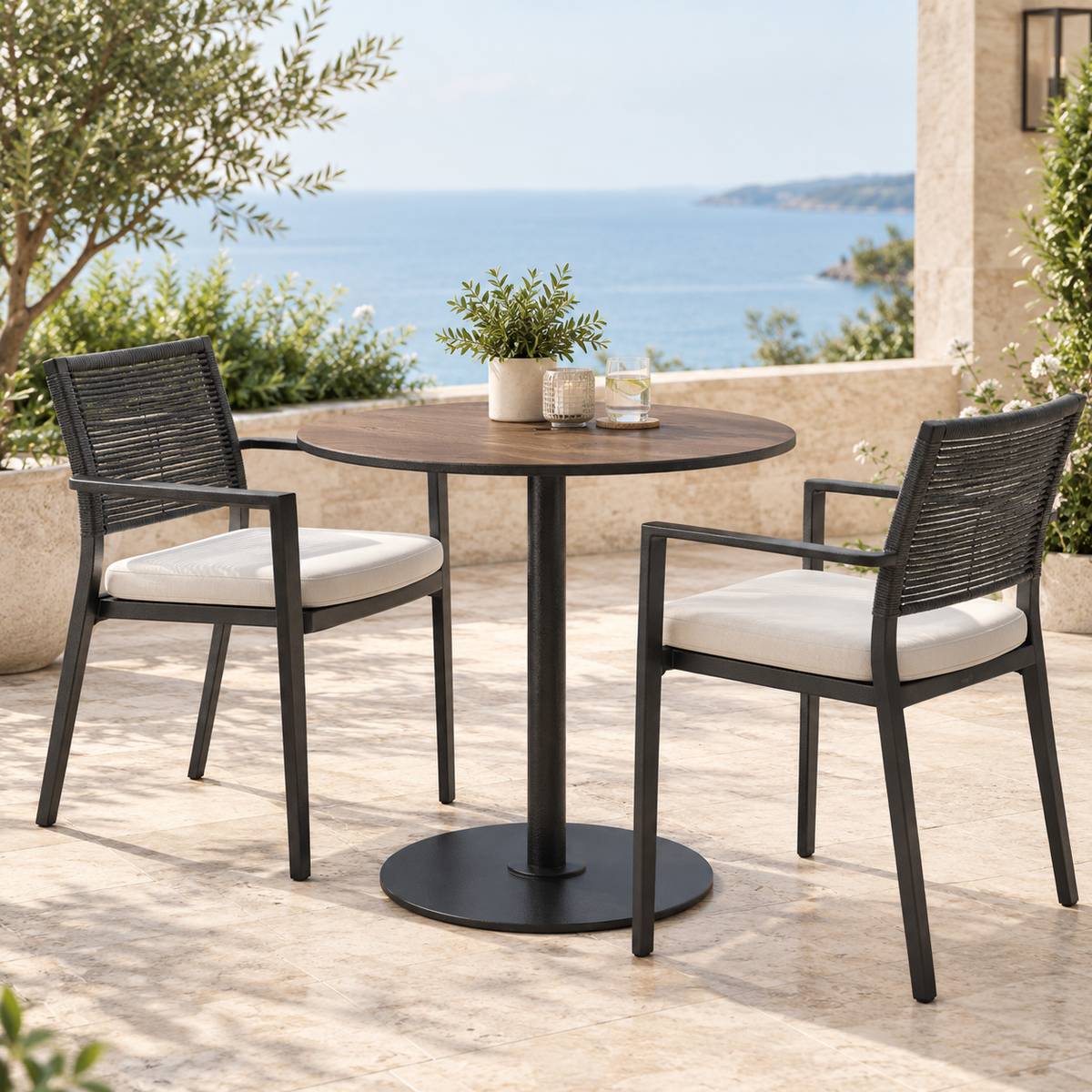 Axis 30" Round Raya Woodgrain Top KD Pedestal Dining Umbrella Table by Tropitone