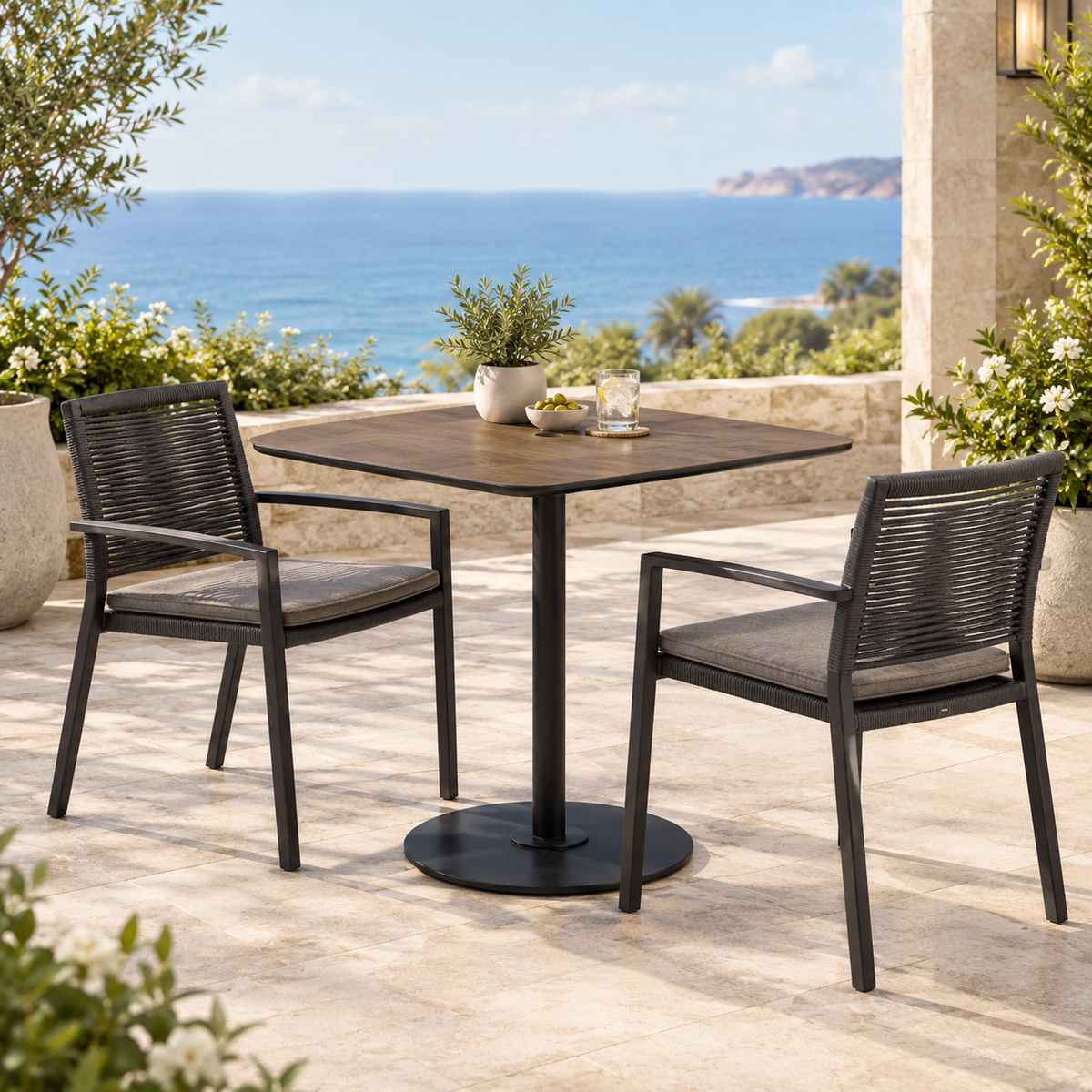 Axis 42" Square Raya Woodgrain Top KD Pedestal Dining Umbrella Table by Tropitone
