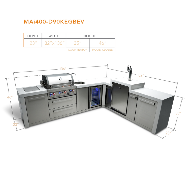 Mont Alpi Deluxe Series 4 Burner Deluxe Island with a 90-Degree Corner, Kegerator and Beverage Center MAi400-D90KEGBEV by Mont Alpi