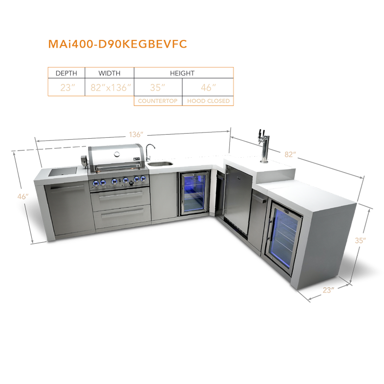 Mont Alpi Deluxe Series 4 Burner Deluxe Island with a 90-Degree Corner, Kegerator, Beverage Center and Fridge Cabinet MAi400-D90KEGBEVFC by Mont Alpi