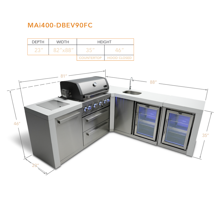 Mont Alpi Deluxe Series 4 Burner Deluxe Island with a 90-Degree Corner, Beverage Center and a Fridge Cabinet MAi400-D90BEVFC by Mont Alpi