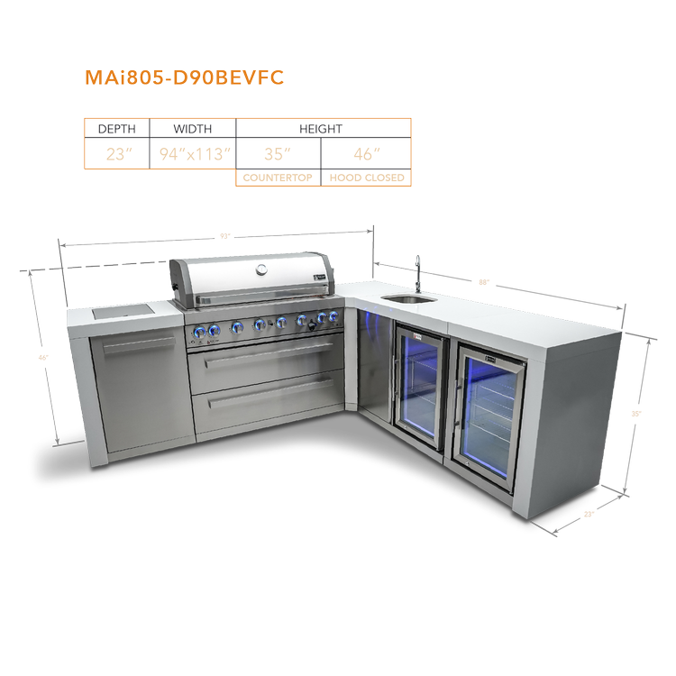 Mont Alpi Deluxe Series 6 Burner Deluxe Island with a 90-Degree Corner, Beverage Center and a Fridge Cabinet MAi805-D90BEVFC by Mont Alpi