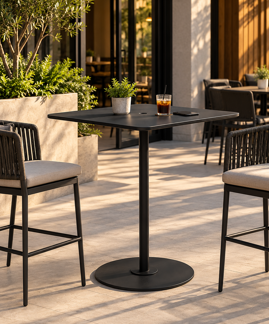 Axis 36" Square Solid Top KD Pedestal Bar Umbrella Table by Tropitone