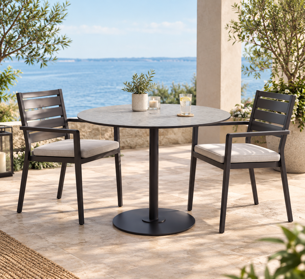 Axis 30" Round Raya Pattern Top KD Pedestal Bar Umbrella Table by Tropitone