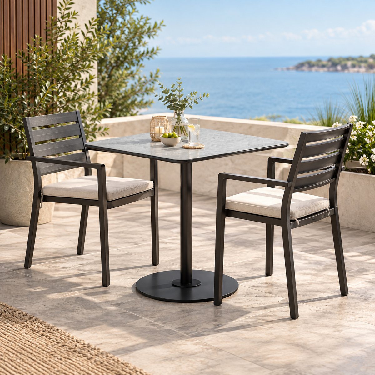 Axis 36" Square Raya Pattern Top KD Pedestal Bar Umbrella Table by Tropitone