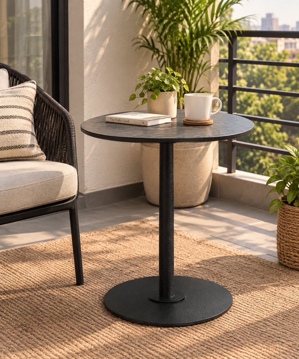 Axis 30" Round Raya Pattern Top KD Pedestal Dining Umbrella Table by Tropitone