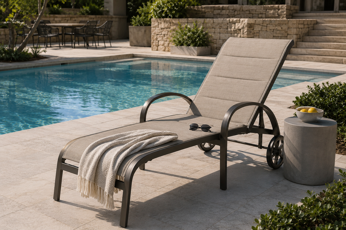 Elance Chaise Lounge with Arms and Wheels Ribbon Segment by Tropitone