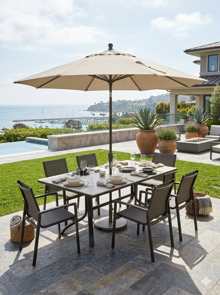 Horizon Solid 72" x 36" Rectangular KD Pedestal Bar Umbrella Table by Tropitone